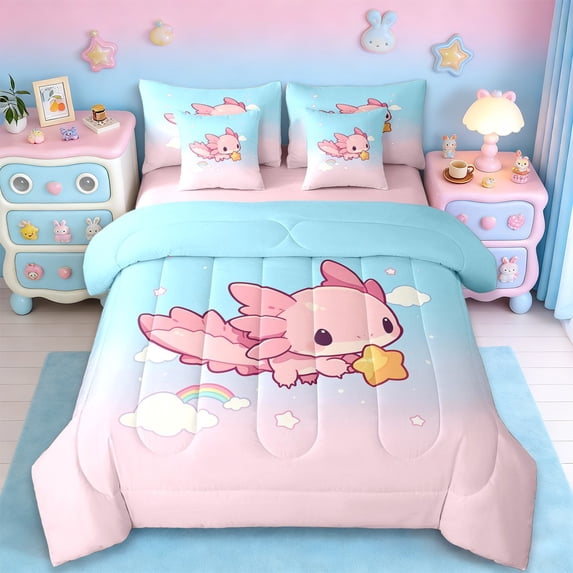 Erosebridal Cartoon Cute Axolotl 7-Piece Bedding Comforter Set,Kawaii Stars Print King Bedding Sets For Teens,Reversible