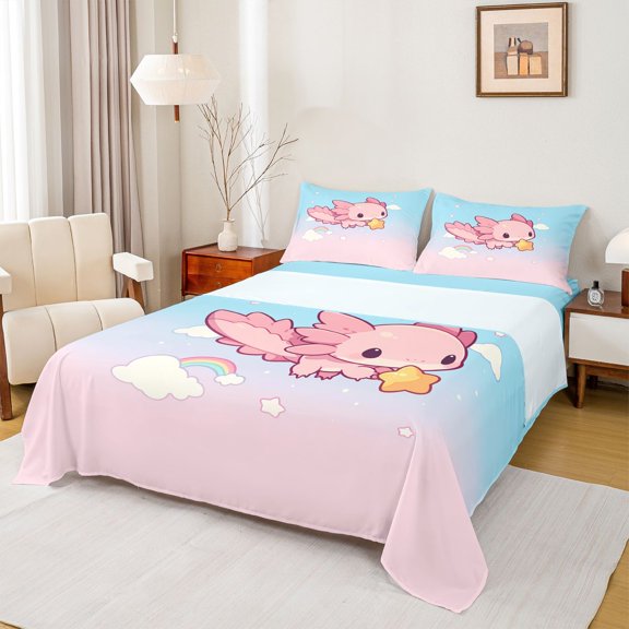 Erosebridal Cartoon Cute Axolotl Bed Sheets,Kawaii Stars Print King Sheets For Teens 4 Pieces