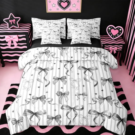 Erosebridal Cartoon Cute Bowtie 7-Piece Bedding Comforter Set,Girls Kawaii Loves Pattern King Bedding Sets For Kids,Black Reversible
