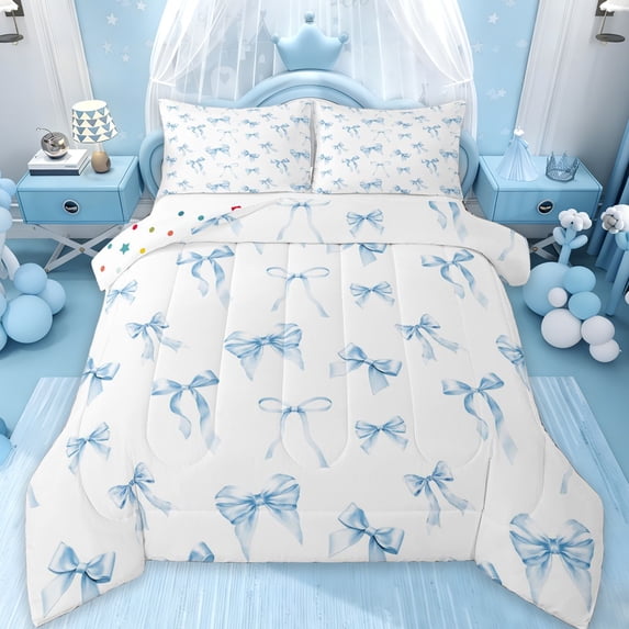 Erosebridal Cartoon Cute Bowtie Kids Queen Comforter Set,Blue Princess Bows Bedding Comforter Set For Bowknot Girl,Reversible,3 Pieces