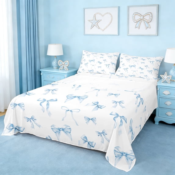 Erosebridal Cartoon Cute Bowtie Kids Queen Sheet Sets,Blue Princess Bows Bed Set For Bowknot Girl 4 Pieces