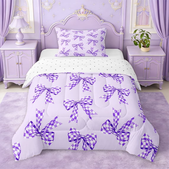 Erosebridal Cartoon Cute Bowtie Twin Comforter Sets For Girls,Purple Bow Tie Print Theme Kids Bedding Set,Reversible,2-Piece