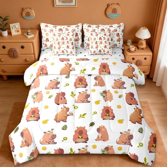 Erosebridal Cartoon Cute Capybara 7 Pieces Bedding Comforter Set,Cute Rodent Animals Full Bedding Set For Kids Teens Reversible