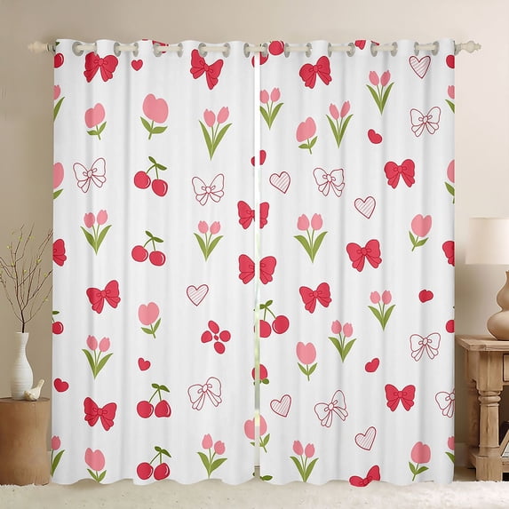 Erosebridal Cartoon Cute Flower Kids Black Out Curtains,Red Kawaii Cherry Bowknot Curtains Pack of 2 (42x63 Each) For Kids