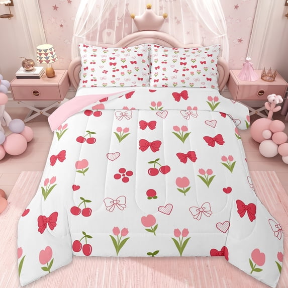 Erosebridal Cartoon Cute Flower Kids Queen Comforter Set,Red Kawaii Cherry Bowknot Bedding Comforter Set For Kids,Pink Reversible,3pcs