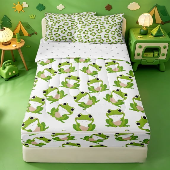 Erosebridal Cartoon Cute Frog Zipper Full Size Comforter Sets with Fitted Sheet and 2 Pillowcases,Wild Animals Zipper Bedding Set For Girls,Reversible,4 Pieces