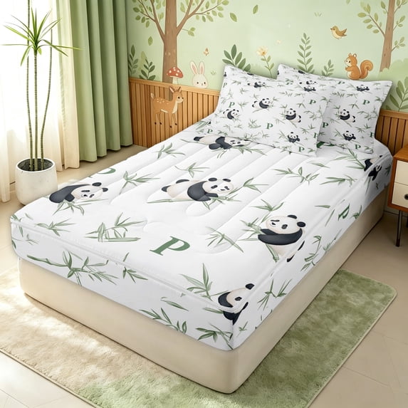 Erosebridal Cartoon Cute Panda Zipper Full Size Comforter Sets with Fitted Sheet and 2 Pillowcases for Boys Girls, Green Letter P Zipper Bedding Set, Reversible, 4 Pieces