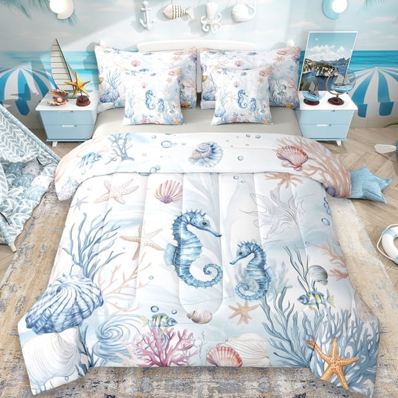 Erosebridal Cartoon Cute Seahorse 7pcs Bedding Comforter Set,Watercolor Coral Starfish Queen Bedding Sets For Girls Boys,Ocean Theme,Reversible