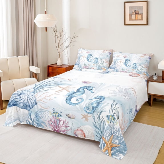 Erosebridal Cartoon Cute Seahorse Full Size Sheets,Watercolor Coral Starfish Bed Sheets For Girls Boys,Ocean Theme 4 Pieces