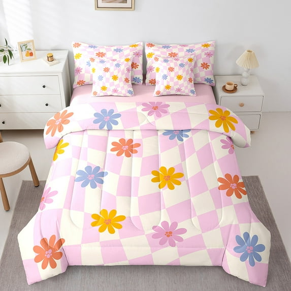 Erosebridal Cartoon Daisy Floral Bedding Twin Size, Pink Plaid Bed in a Bag Twin size, Retro 80s 90s Room Decor, Reversible 7pcs