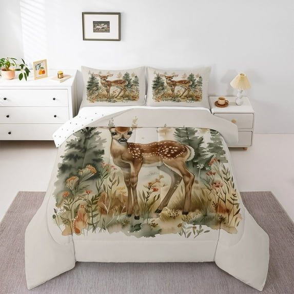 Erosebridal Cartoon Deer Bedding Sets King with Comforter,Woodland Animal Duvet Insert,Country Rustic Trees Flower Comforter Sets King Size,Microfiber Bedroom Decor Reversible,3pcs