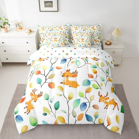 Erosebridal Cartoon Deer King Comforter Set 7pcs Boho Floral Bedding Comforter Sets, Colorful Leaves Bed in a Bag Abstract Watercolor Plant Bedding Set, Wild Animal Bed Sheets Set