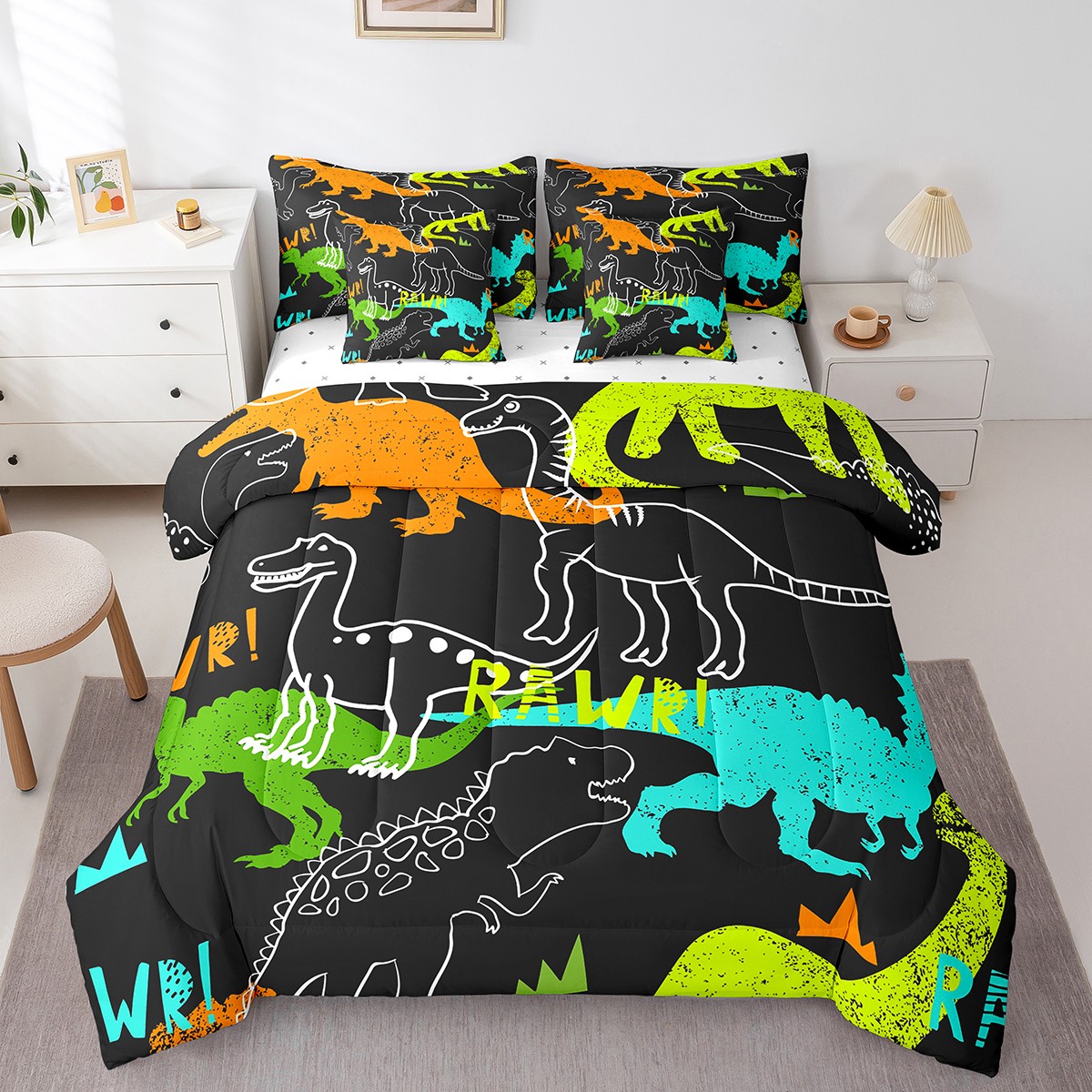 Erosebridal Cartoon Dinosaur Bedding Queen Size, Colorful Dino Comforter Sets with Sheets, Ancient Animal Duvet Set, Ultra Soft Room Decor, Reversible 7-Piece