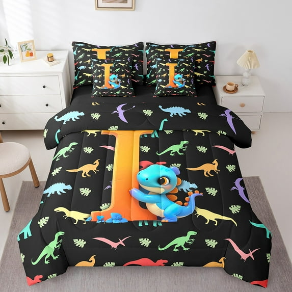 Erosebridal Cartoon Dinosaur Bedding Sets Twin Size, Monogrammed I Comforter Sets with Sheets, Initial Letter A to Z Reversible Bed Set, Super Cozy Room Decoration, 7pcs