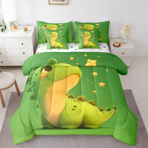 Erosebridal Cartoon Dinosaur Bedding Twin Size, Green Animal Bedding Sets Twin Size, Cute Stars Decor, Reversible 7-Piece