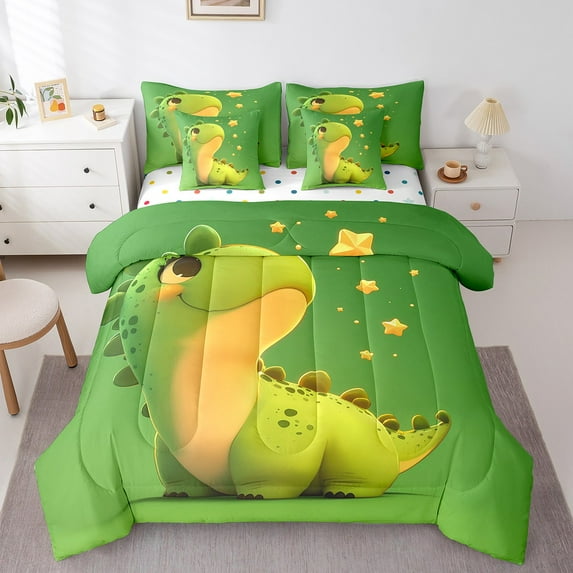 Erosebridal Cartoon Dinosaur Bedding Twin Size, Green Animal Bedding Sets Twin Size, Cute Stars Decor, Reversible 7-Piece