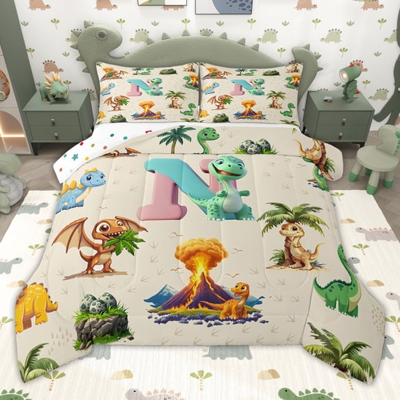 Erosebridal Cartoon Dinosaur Full Size Comforter Sets for Kids Boys Girls, Dino Letter N Bedding Sets, Polka Dots Reversible, 3pcs