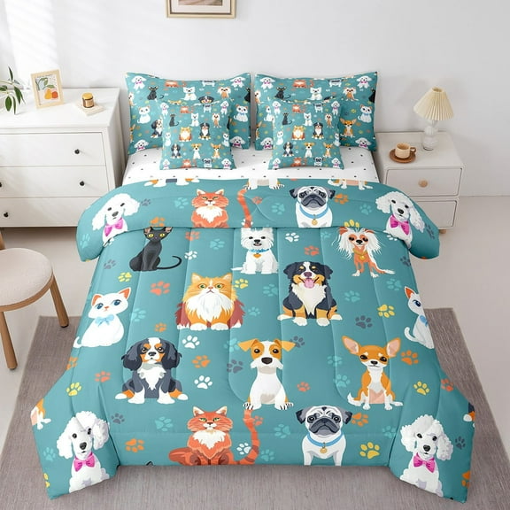 Erosebridal Cartoon Dog Bedding Sets Twin Size, Teal Comforter Sets with Sheets, Kawaii Pug Reversible Bedding Twin Size, Microfiber Bedroom Decor, 7 Pieces