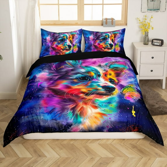 Erosebridal Cartoon Dog Bedding Twin Size Watercolor Animal Duvet Cover, Psychedelic Galaxy Stars Comforter Cover Rainbow Graffiti Bed Set, Trippy Nebula Cosmos Quilt Cover