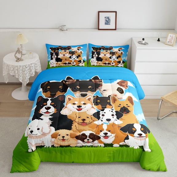 Erosebridal Cartoon Dogs Bedding King Comforter Set, Pet Animal Down Comforter, Sky Grass Bedding Sets King with Comforter, Microfiber Bedroom Decor, 3 Pieces