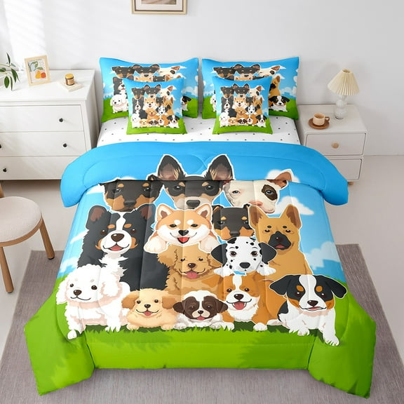 Erosebridal Cartoon Dogs Bedding Sets Queen Size, Pet Animal Comforter Sets with Sheets, Sky Grass Bedding Accessories, Microfiber Bedroom Decor, Reversible 7pcs
