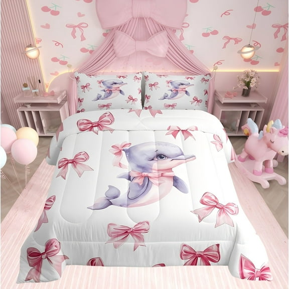 Erosebridal Cartoon Dolphin Bedding Sets Twinwith Comforter, Pink Bow-tie Duvet Insert, Cute Animal Decor, Microfiber 2-Piece