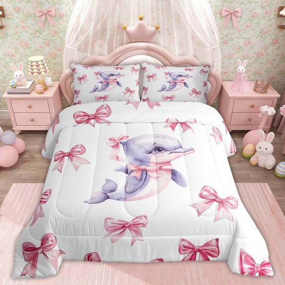 Erosebridal Cartoon Dolphin Bedding Sets Twinwith Comforter, Pink Bow-tie Duvet Insert, Cute Animal Decor, Microfiber 2-Piece