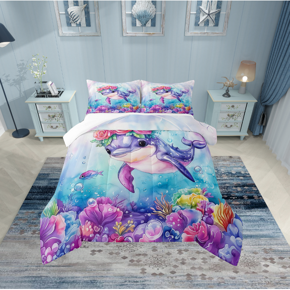 Erosebridal Cartoon Dolphin Bedding Twin Comforter Set,Blue Pink Down Comforter,Ocean Theme Decor,Lightweight,2-Piece
