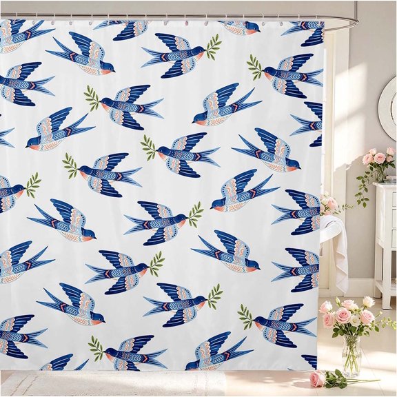 Erosebridal Cartoon Dove Shower Curtain 72Wx72L,Cute Branch Bathroom Curtain,White Blue