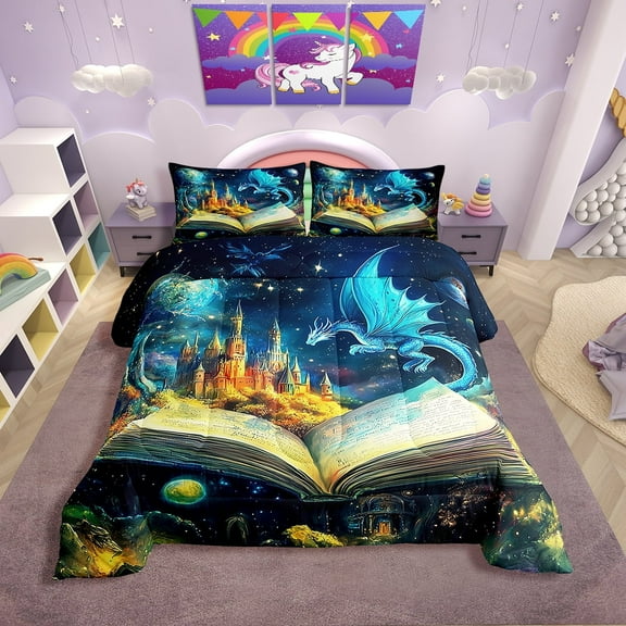 Erosebridal Cartoon Dragon Bedding Sets Twin with Comforter, Magic Books Duvet Insert, Mystic Starry Sky Decor, Microfiber 2 Pieces
