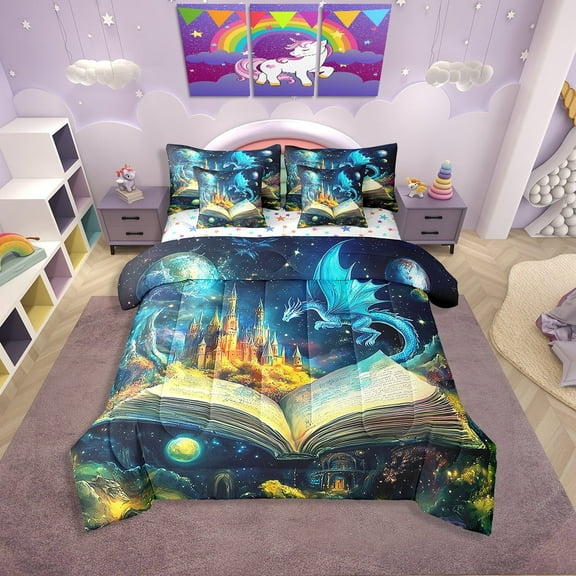 Erosebridal Cartoon Dragon Bedding Twin Size, Magic Books Bedding Sets Twin Size, Mystic Starry Sky Decor, Reversible 7 Pieces