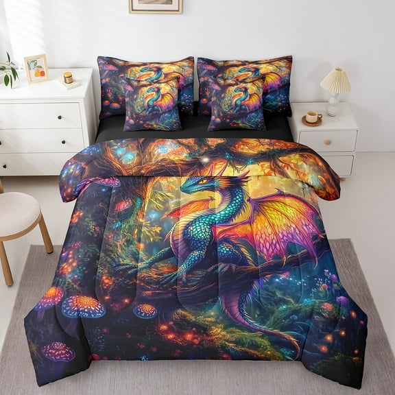 Erosebridal Cartoon Dragon Bedding, Woodland Plant Bed in a Bag, Animal Reversible Bed Set, Super Cozy Bedroom Decorative, 7-Piece