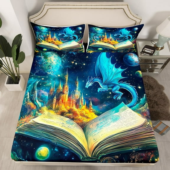 Erosebridal Cartoon Dragon Fitted Sheet Set Twin, Magic Books Fitted Sheet Twin, Mystic Starry Sky Decor 2 Pieces（No Top Sheet）