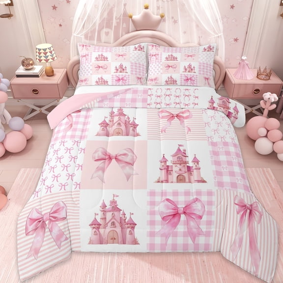 Erosebridal Cartoon Dreamy Princess Castle Kids Queen Comforter Set,Coquette Pink Bowknot Bedding Comforter Set For Kids Girls,Pink Reversible,3-Piece