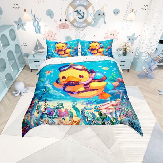 Erosebridal Cartoon Duck Comforter Cover Twin,Marine Ocean Bedding Twin Size,Nautical Anchor Duvet Cover Twin,Super Cozy Teenager Bedroom Decor,Reversible,3pcs(No Comforter)