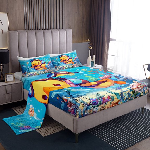 Erosebridal Cartoon Duck Sheet Set Twin,Marine Ocean Bedding Sets Twin Size,Nautical Anchor Twin Sheet Sets,Super Cozy Teenager Bedroom Decor,3pcs