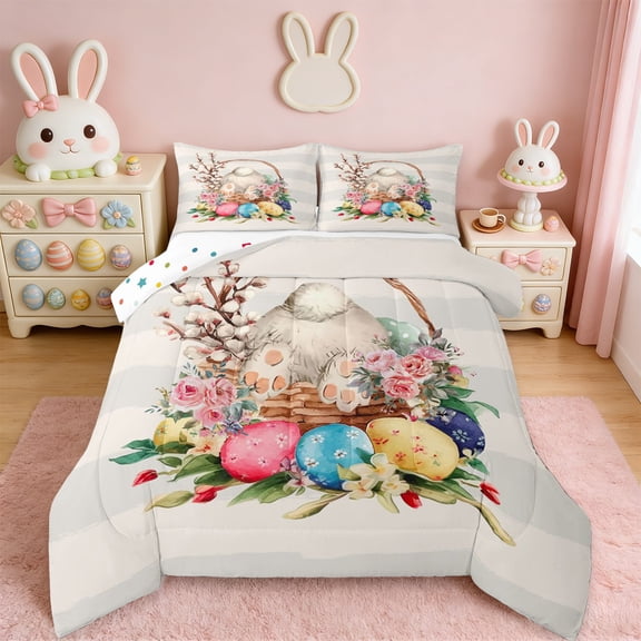 Erosebridal Cartoon Easter Egg Queen Comforter Set,Kawaii Rabbit Bunny Happy Easter Theme Bedding Comforter Set For Kids Girls Reversible 3 Pieces