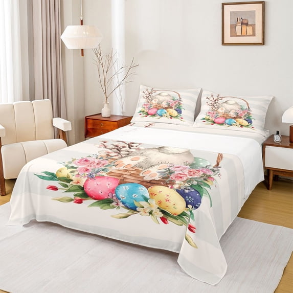 Erosebridal Cartoon Easter Egg Queen Sheet Sets,Kawaii Rabbit Bunny Happy Easter Theme Bed Set For Kids Girls 4 Pieces