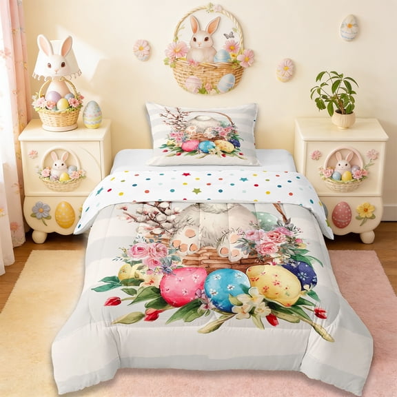 Erosebridal Cartoon Easter Egg Twin Comforter Sets,Kawaii Rabbit Bunny Happy Easter Theme Bedding Set For Kids Girls Reversible 2pcs