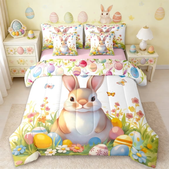 Erosebridal Cartoon Easter Eggs 7pcs Bedding Comforter Set For Girls,Cute Rabbit Cartoon Bunny Pink Floral Kids Queen Bedding Sets ,Reversible Pink