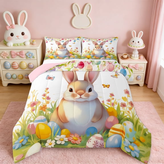 Erosebridal Cartoon Easter Eggs Full Size Comforter Sets For Girls,Cute Rabbit Cartoon Bunny Pink Floral Kids Bedding Sets ,Reversible Pink 3pcs