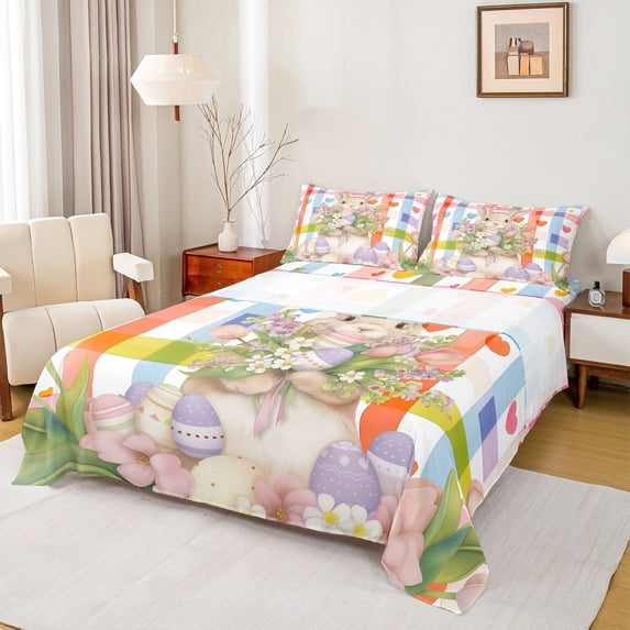 Erosebridal Cartoon Easter Eggs Kids Full Size Sheets,Kawaii Bunny Colorful Loves Pink Tulip Girls Bed Sheets 4-Piece
