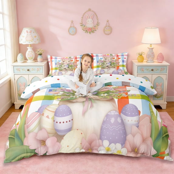 Erosebridal Cartoon Easter Eggs Kids Queen Duvet Cover Set,Kawaii Bunny Colorful Loves Pink Tulip Girls Bedding Reversible 3 Pieces,No Comforter