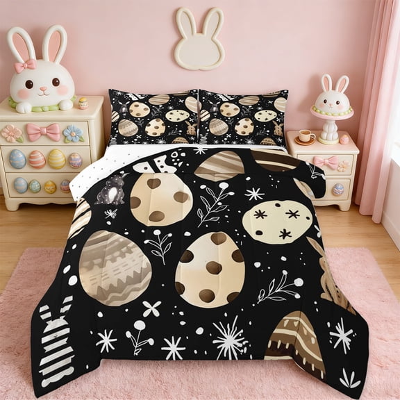 Erosebridal Cartoon Easter Eggs Queen Comforter Set,Funny Bunny Rabbit Bedding Comforter Set For Kids Girls Reversible 3 Pieces