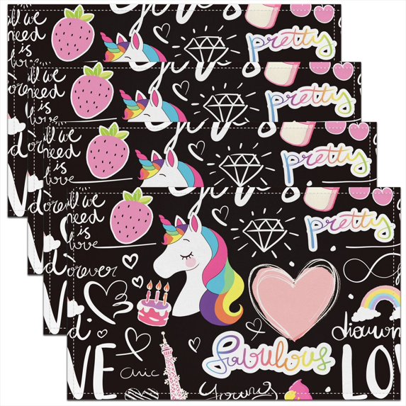 Erosebridal Cartoon Eiffel Tower Place Mats Set of 4 for in Door Dinning, Love Heart Table Place Mats for in Door Dining, Romantic Room Decor