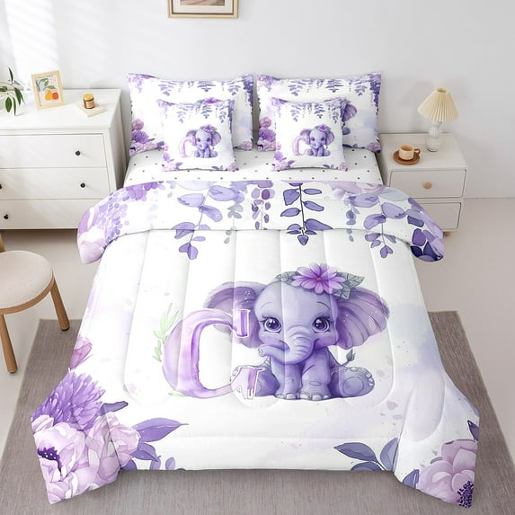 Erosebridal Cartoon Elephant Bedding King Size,Initial Letter C Bed Set,Plant Floral Bedding Sets King Size For Kids,Breathable Room Decorative Reversible,7pcs