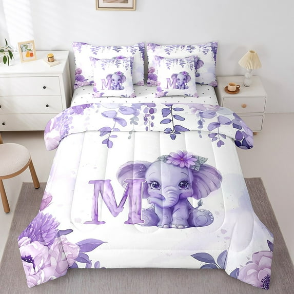 Erosebridal Cartoon Elephant Bedding Sets Twin Size,Initial Letter M Comforter Sets with Sheets,Plant Floral Bed in a Bag Twin Size For Kids,Breathable Room Decorative Reversible,7-Piece