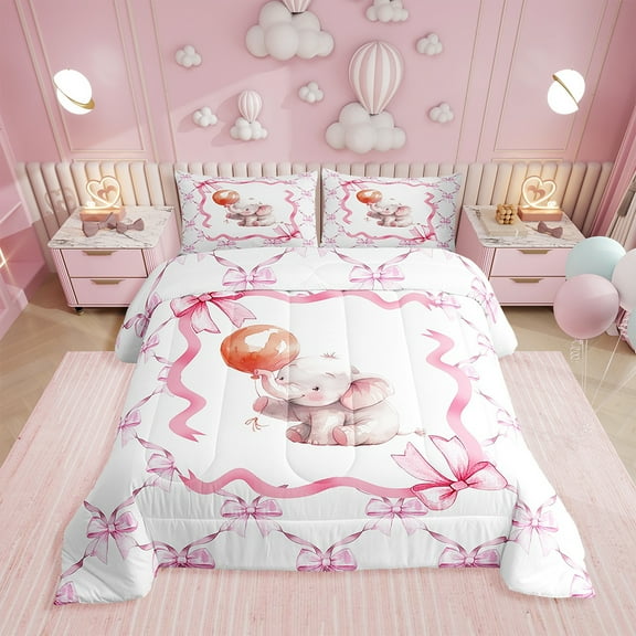Erosebridal Cartoon Elephant Comforter Set,Twin Princess Bow Knot Bedding Set,Pink Bowknot Down Comforter,Dreamy Bow Reversible Bed Set with 1 Pillowcase for Bedroom