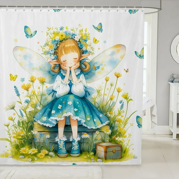 Erosebridal Cartoon Elf Shower Curtain 72x78, Gold Flower Floral Bath Curtain, Waterproof