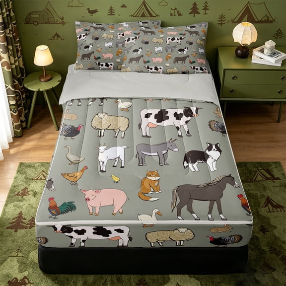Erosebridal Cartoon Farm Animal Zipper Twin Comforter Sets with Fitted Sheet and 2 Pillowcases,Cue Cow Pig Sheep Zipper Bedding Set For Girls,Light Gray Reversible,4pcs